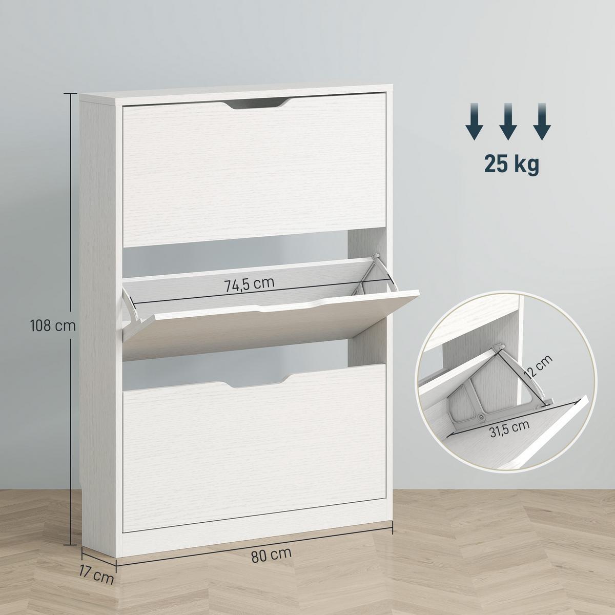 SCHUHSCHRANK mit 3 Klappen, Schuhregal, Schuhkipper Schmal für 9-12 Paar Weiß - Weiß, Holzwerkstoff (17/108/80cm) - HOMCOM
