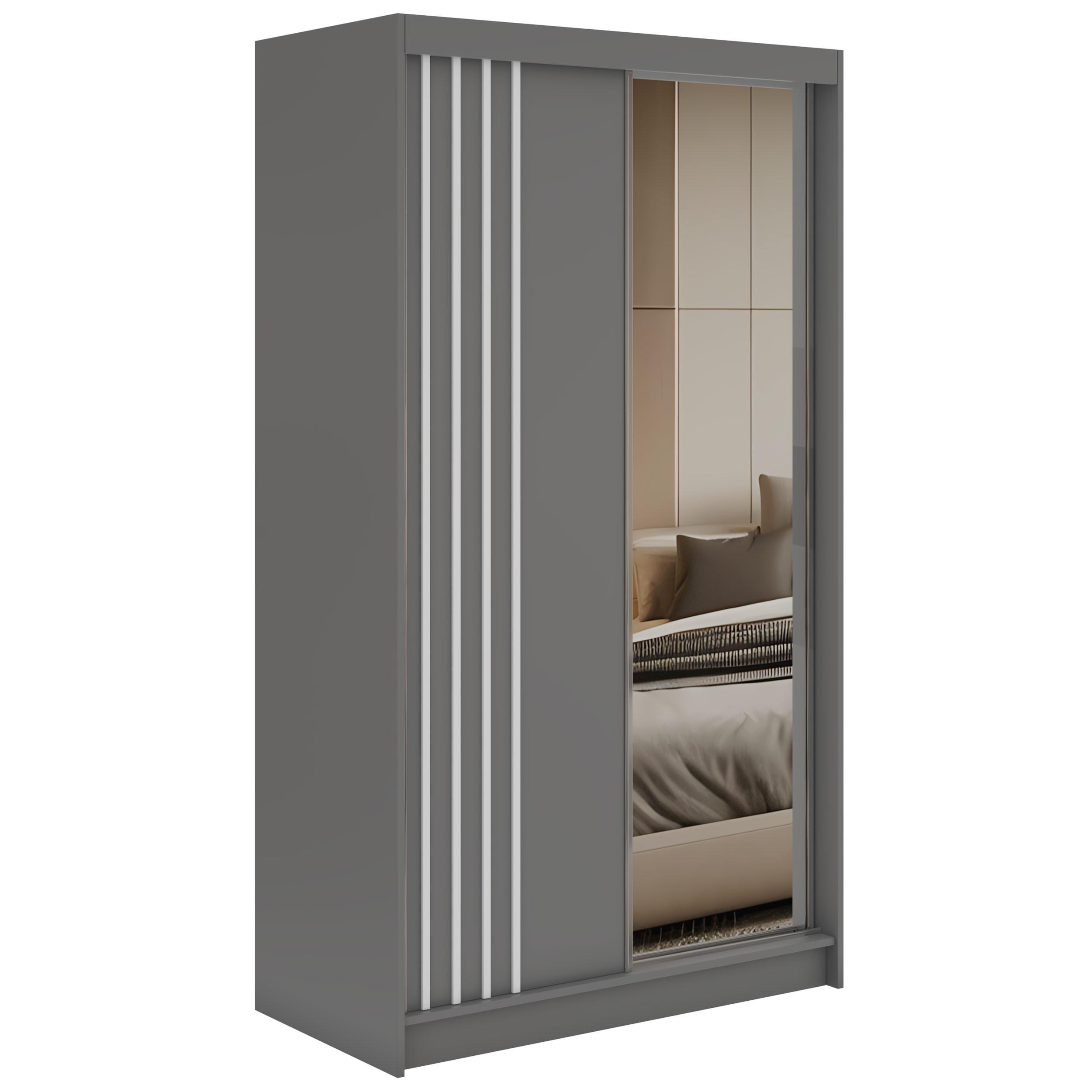 SCHWEBETÜRENSCHRANK mit Lamellen, Spiegel und Schubladen DIANA - 120 - Grau und Weiß - Alufarben/Weiß, Holzwerkstoff/Metall (120/216/61cm) - MKS