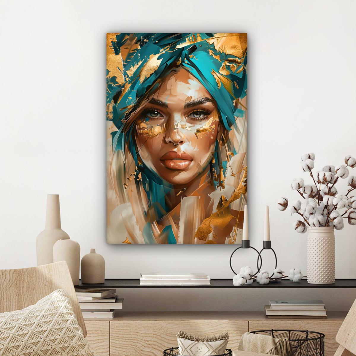 LEINWANDBILD Frau - Porträt - Gold - Luxus - Blau Wanddeko 40x60 cm - Türkis, Textil (40/60cm) - MuchoWow