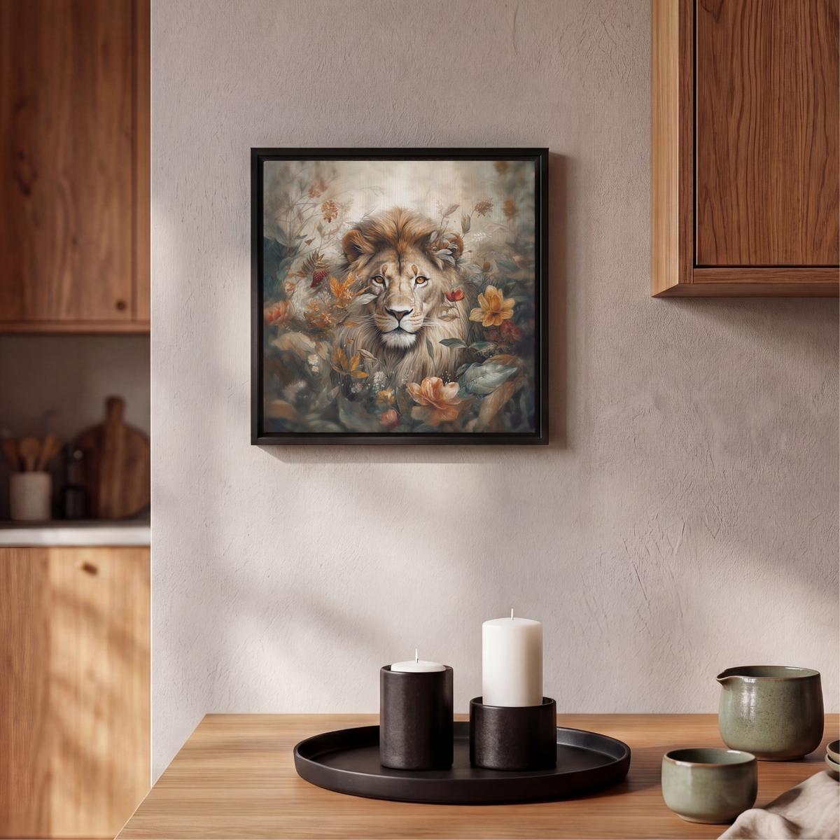 LEINWAND Bilder mit Rahmen - Löwe - Wildtiere - Pflanzen - Natur - Blumen - 20x20 - Beige, Textil (20/20cm) - MuchoWow