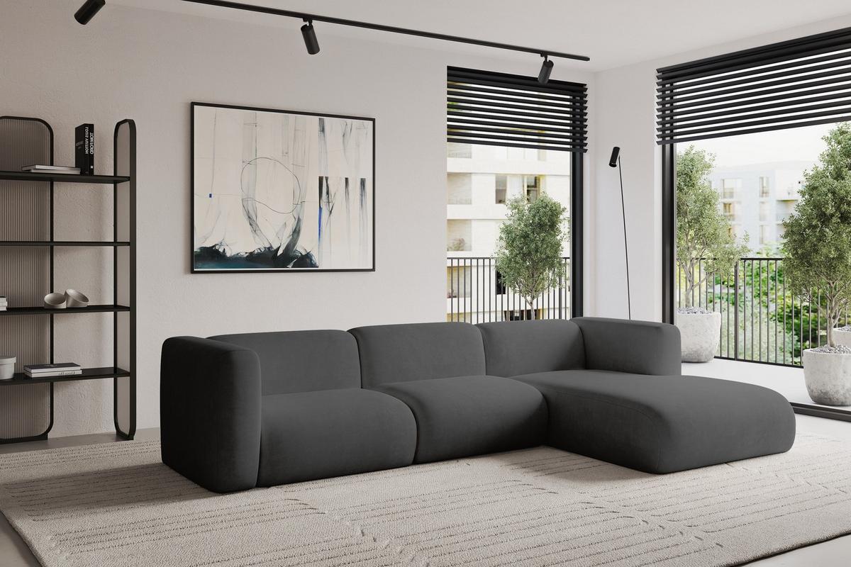 ECKSOFA Ottomane Rechts MIRA-L1 227x179x89 Dunkelgrau Velours - Dunkelgrau/Schwarz, Holzwerkstoff/Kunststoff (227/179cm) - ALTDECOR