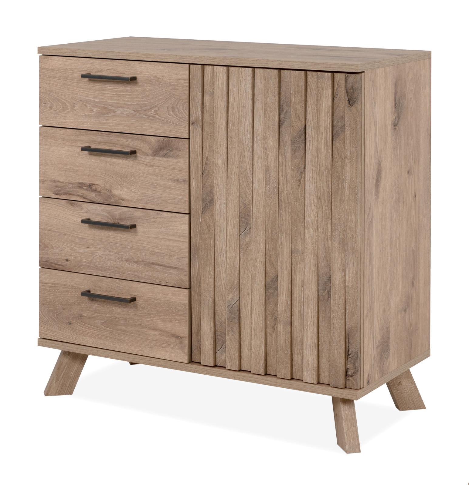 KOMMODE Eiche 84 cm, Anrichte mit 3D-Relief und Push-to-Open - Eichefarben/Messingfarben, Holzwerkstoff/Metall (84/85/40cm) - Furn.Design