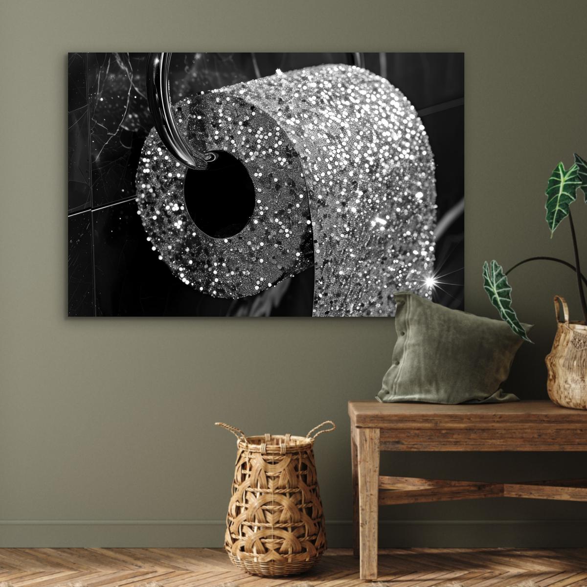 METALLBILD WC - Toilettenpapier - Schwarz und weiß - Glitter Wanddeko 90x60 cm - Silberfarben, Metall (90/60cm) - MuchoWow