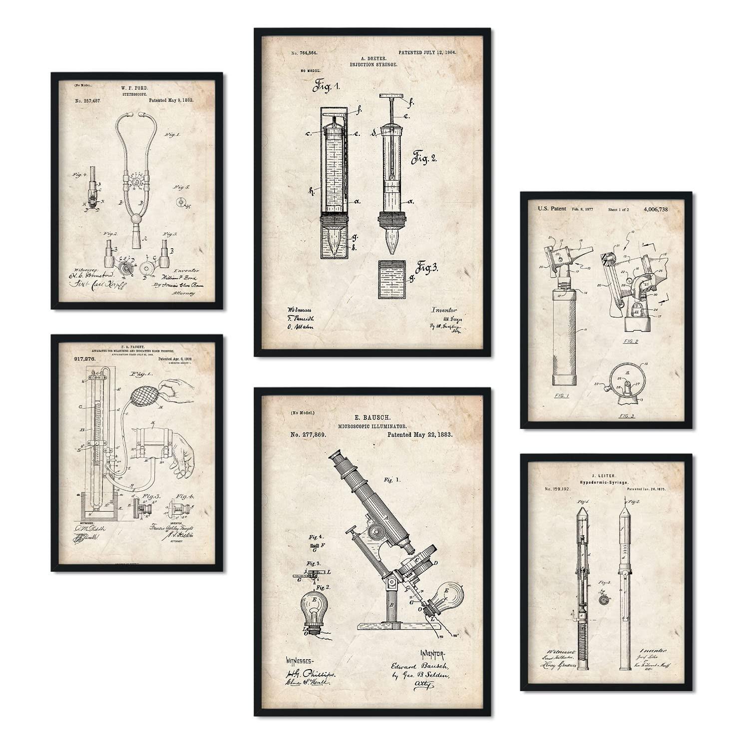 POSTER Set Mit 6 Plakaten Mit Medizin Patenten Im Vintage Stil A3 & A4 Schwarzer Rahmen - Schwarz, Papier (29/3cm) - Nacnic