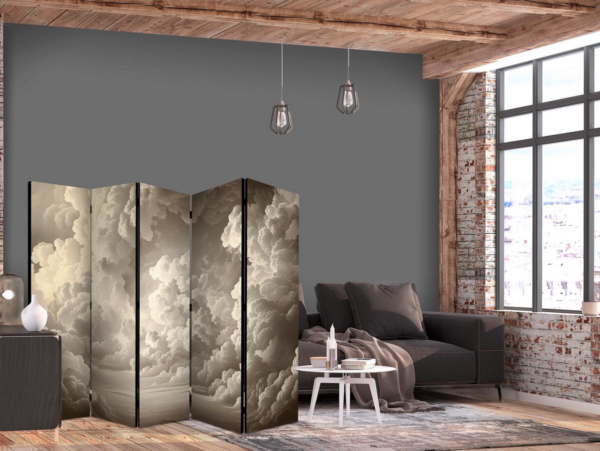PARAVENT Einseitig Bedruckter 5-tlg 225x172 cm Beige Wolken Boho Stil - Beige, Holz/Textil (225/172/3cm) - Muralo