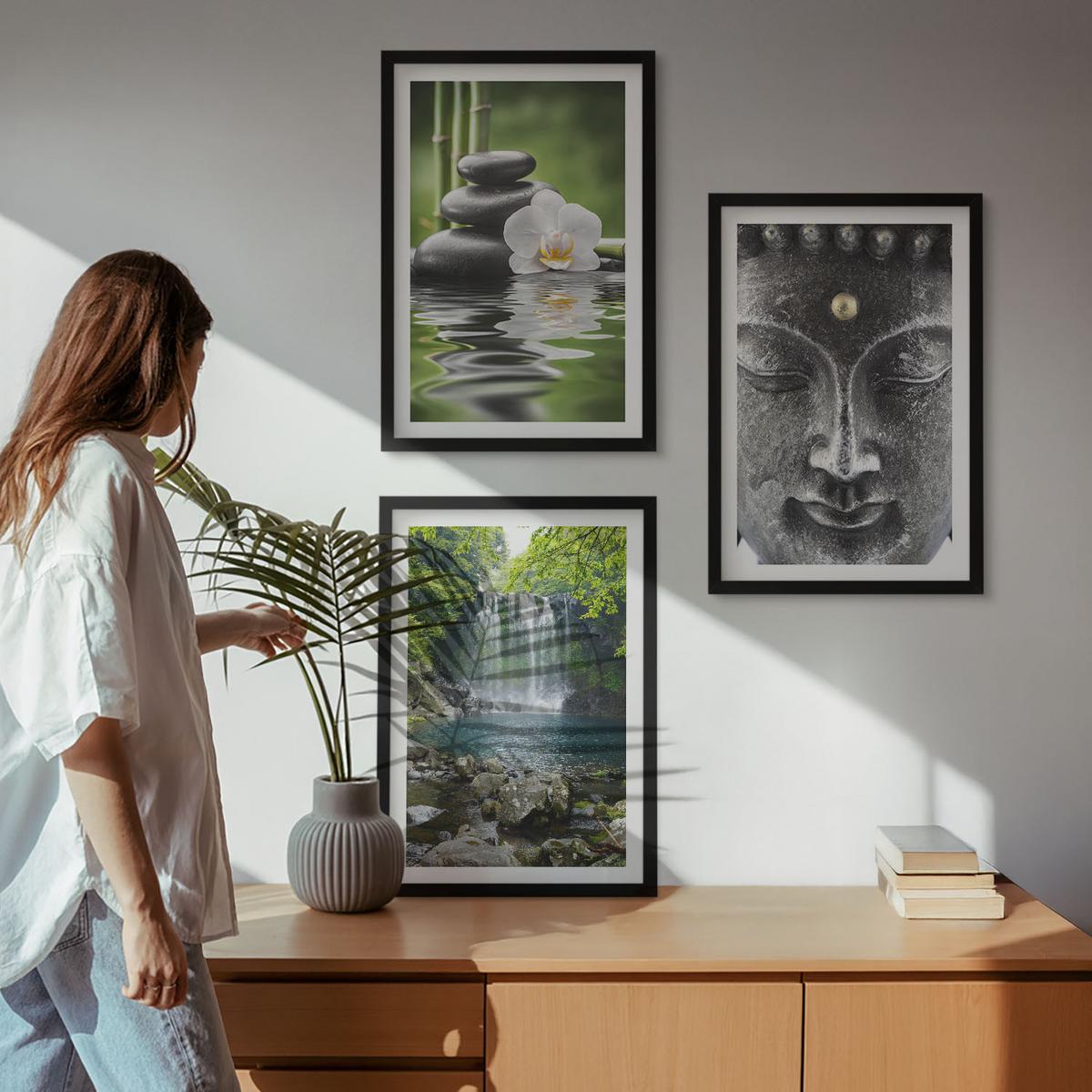 BILDER SET 3er Set - 40x60 cm Schwarzer Rahmen - Harmoniesteine Wasser Buddha - Schwarz, Kunststoff (40/60cm) - TULUP