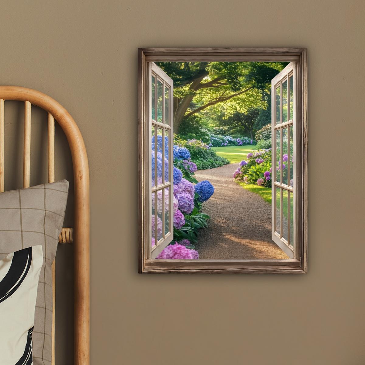 LEINWANDBILD Aussicht - Garten - Fenster - Hortensie - Blumen Room Decor 30x40 cm - Pastellblau, Textil (30/40cm) - MuchoWow