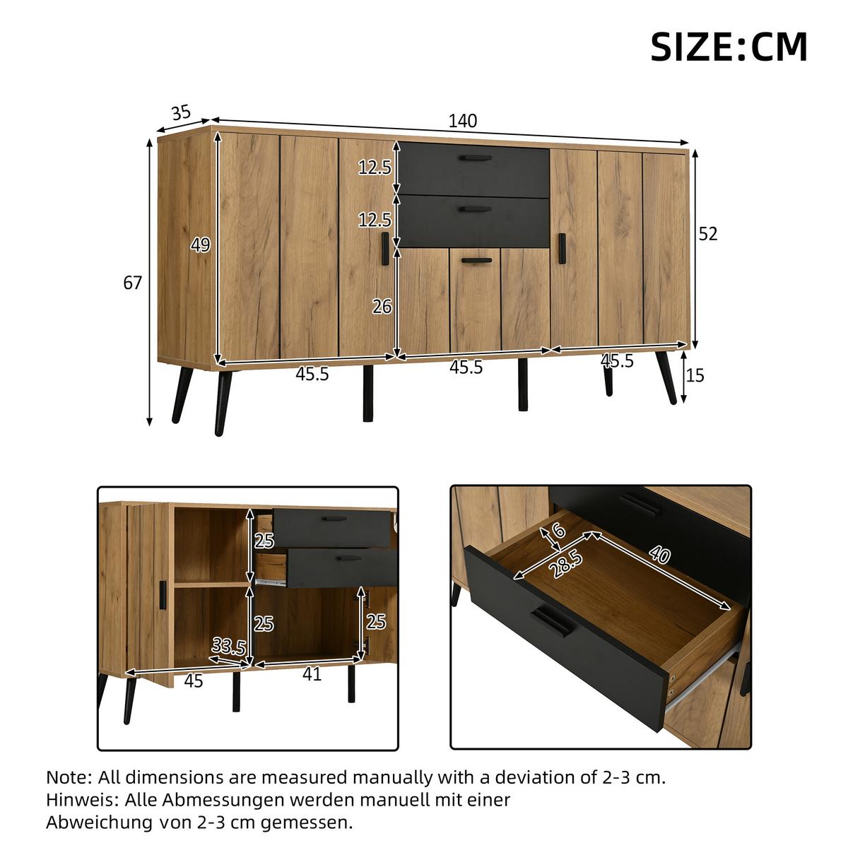 SIDEBOARD 140cm Holz/Schwarz mit 2 Schubladen, 3 Türen & 7 Fächern - Naturfarben, Holzwerkstoff (140/67/35cm) - Urban Meuble