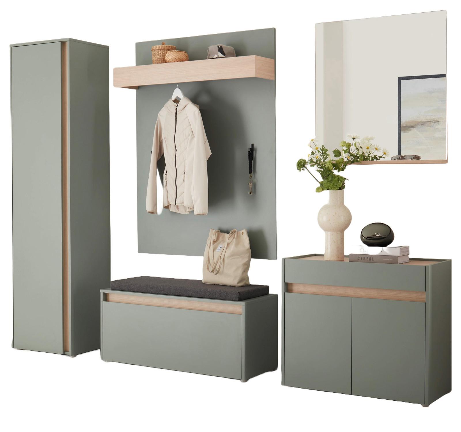 GARDEROBE Komplett-Set 6-teilig in Salbei und Eiche, Flurgarderobe mit viel Stauraum, inkl. Sitzkissen - Salbeigrün/Eichefarben, Glas/Holz (260/200/40cm) - Furn.Design