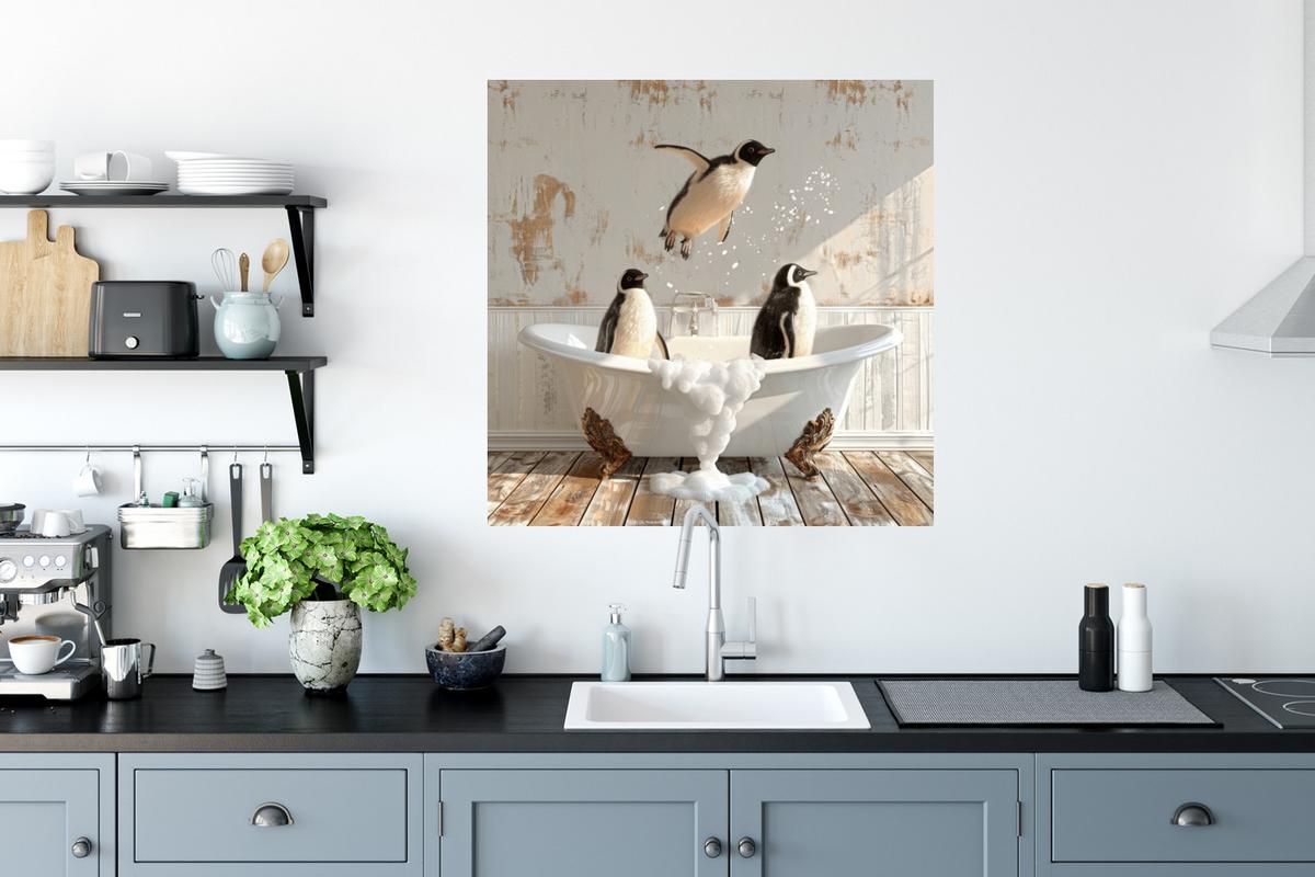 WANDTATTOO Vintage - Pinguin - Badewanne - Schaumstoff Wanddeko 50x50 cm - Schwarz, Kunststoff (50/50/0.1cm) - MuchoWow