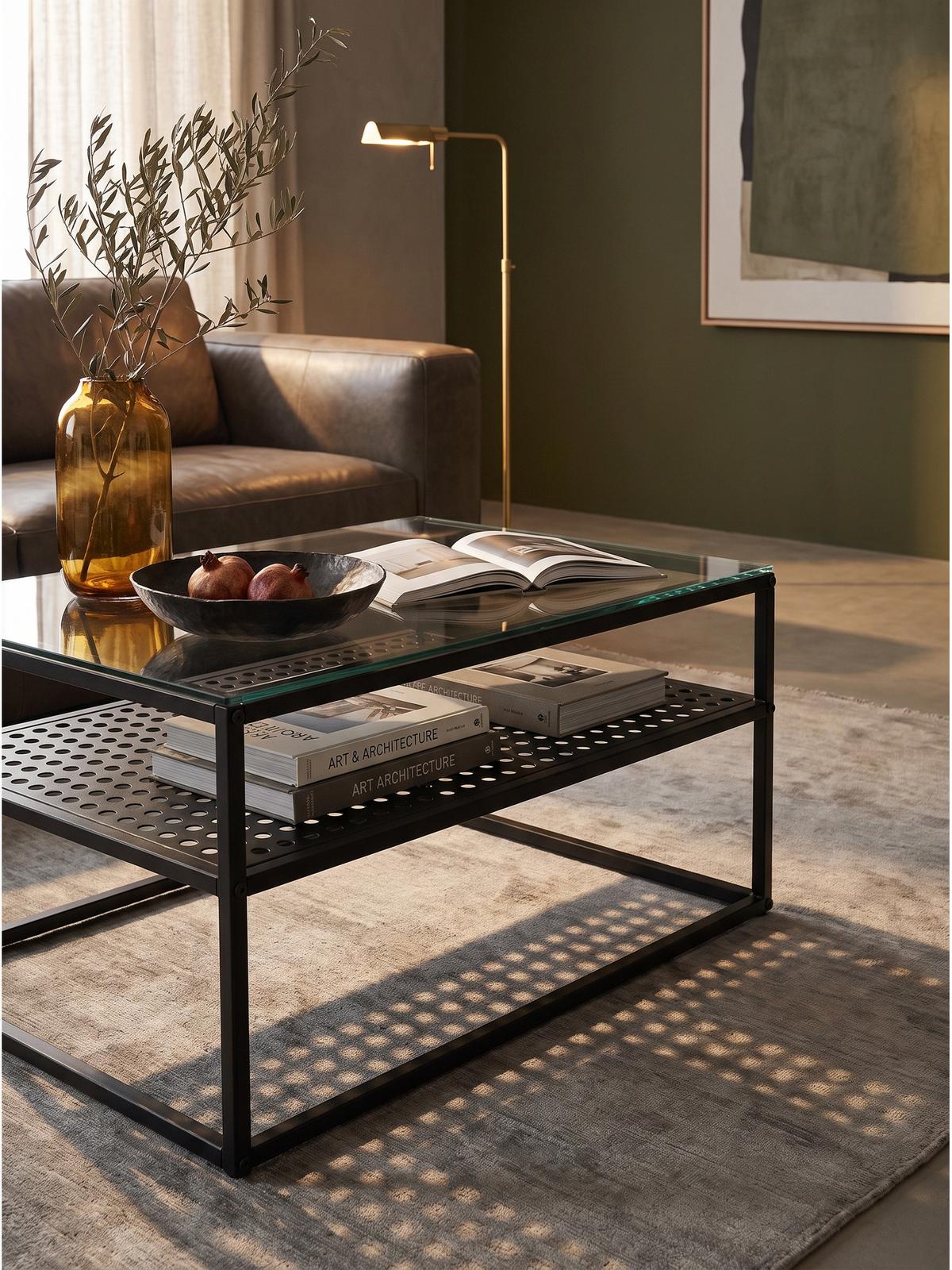 COUCHTISCH ALCUDIA, Einscheibensicherheitsglas, Schwarz, 100 x 50 x 45 cm - Schwarz, Glas/Metall (50/100/45cm) - KADIMA DESIGN
