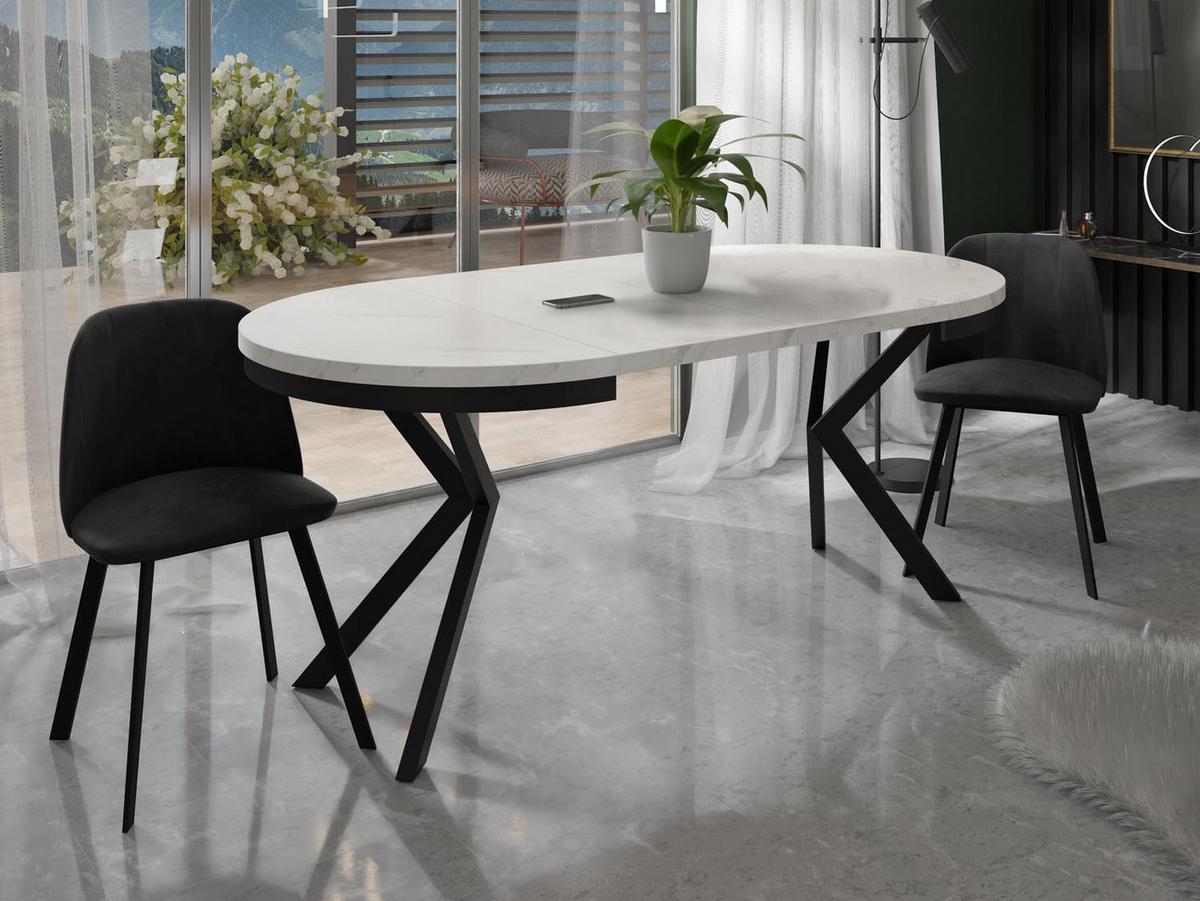 ESSTISCH Ross runder ausziehbarer, Marmor Weiß 120-200/120/76 cm - Ecru/Schwarz, Holzwerkstoff/Metall (120/200/76cm) - WFL GROUP