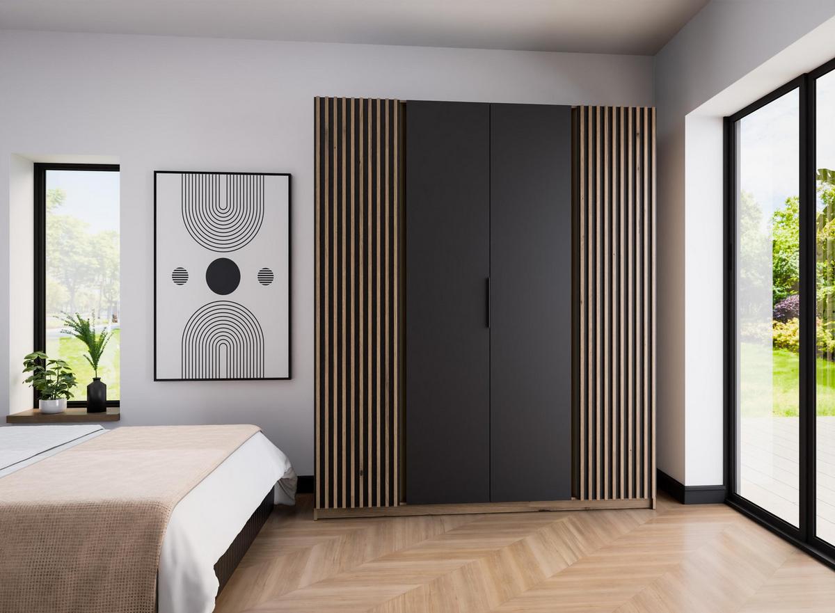 KLEIDERSCHRANK Nehir Korpus Eiche Evoke, Front Schwarz/Eiche Evoke 200 cm - 4T Modern mit 2 Lamellentüren außen - Eichefarben/Schwarz, Holzwerkstoff/Kunststoff (200/239/61.9cm) - AX Living