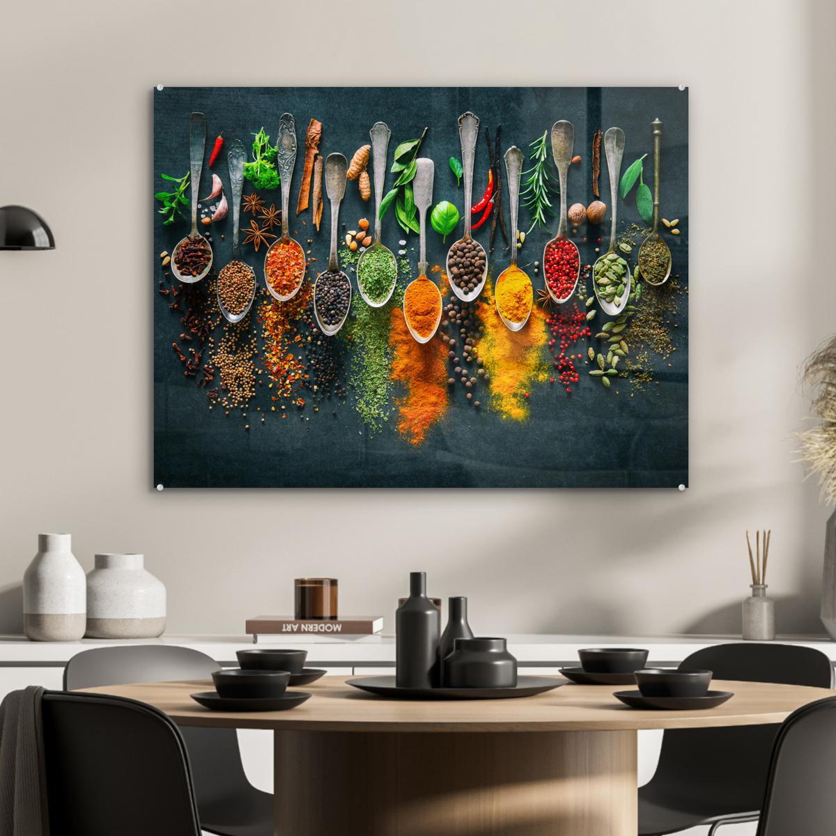 ACRYLGLASBILD Kräuter - Gewürze - Löffel 80x60 cm - Currygelb, Glas (80/60cm) - MuchoWow