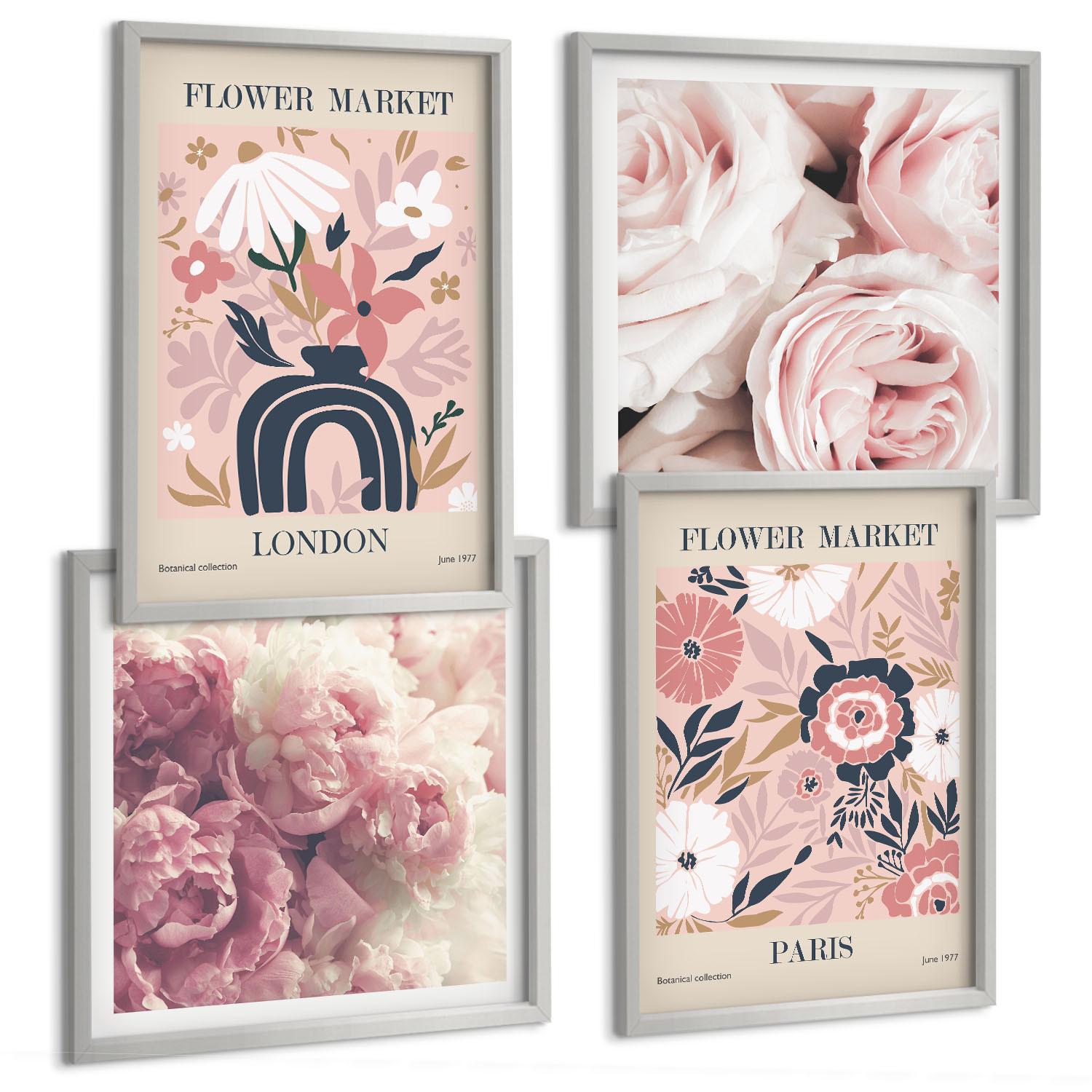BILDER SET 4er Set - 50x50 cm & 40x60 cm Silberner Rahmen - Blumenmotive Rosen Paris - Silberfarben, Kunststoff (50/50cm) - TULUP