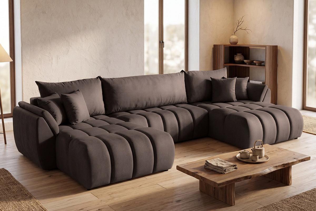 ECKSOFA Iris U mit Schlaffunktion und Bettkasten, U-Form – Braun Samt 382/184/85 cm - Schwarz/Braun, Kunststoff/Textil (382/184cm) - WFL GROUP