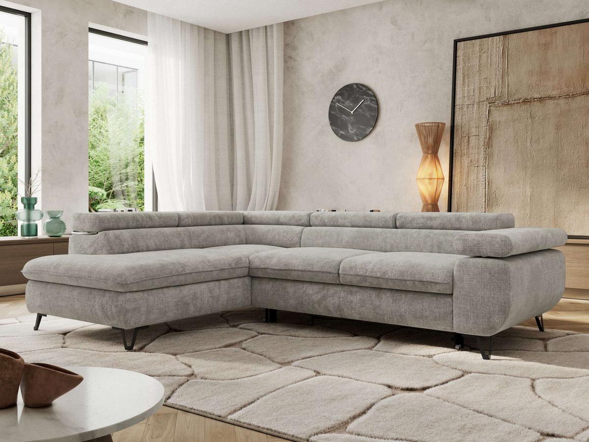 ECKSOFA PABLO L Hellgrau Schenille grob gewebt - Links Seite mit T25 Topper - Hellgrau/Schwarz, Textil/Metall (208/273cm) - MKS