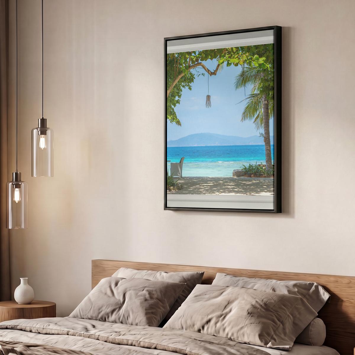 LEINWAND Bilder mit Rahmen - Aussicht - Baum - Meer - Palme - Hügel - Strand - Blau - 60x80 - Blau, Textil (60/80cm) - MuchoWow