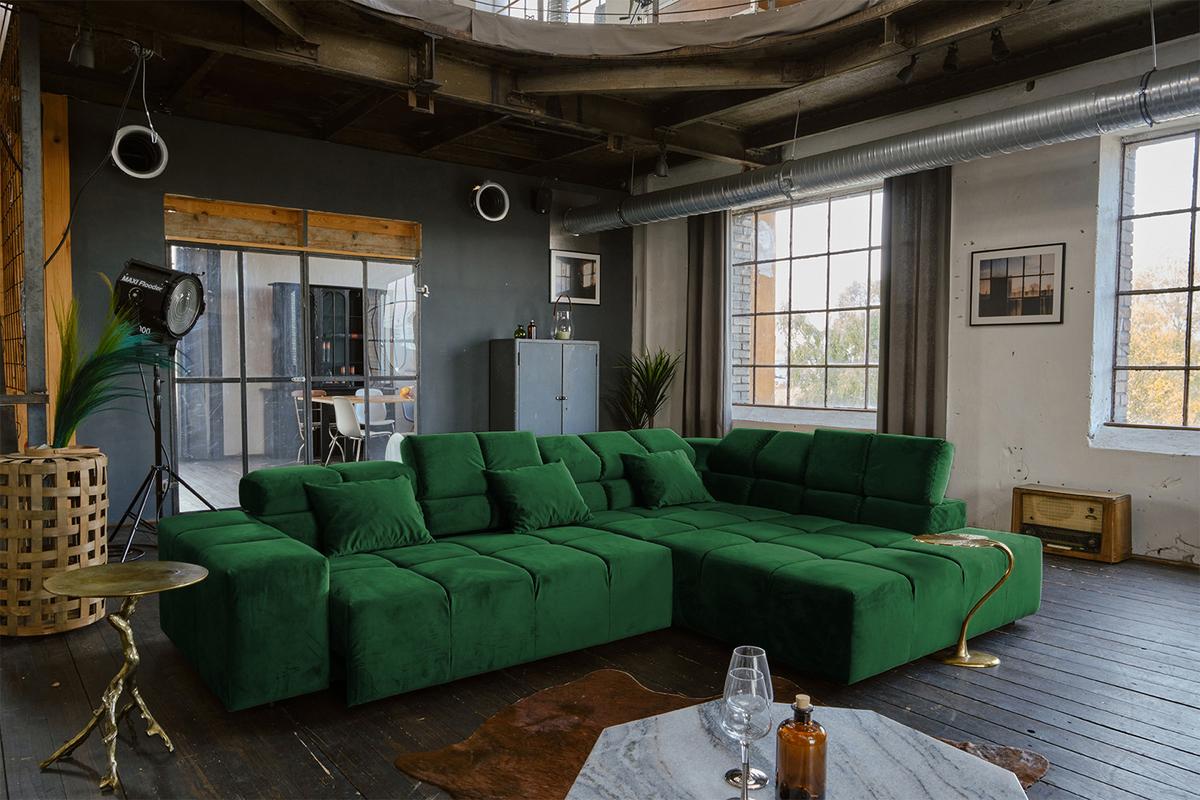 ECKSOFA MIT MOTORISCHEM SITZVORZUG NEVADA Smaragdgrün Velvet Relaxfunktion - Smaragdgrün/Schwarz, Textil (319/215cm) - KAWOLA