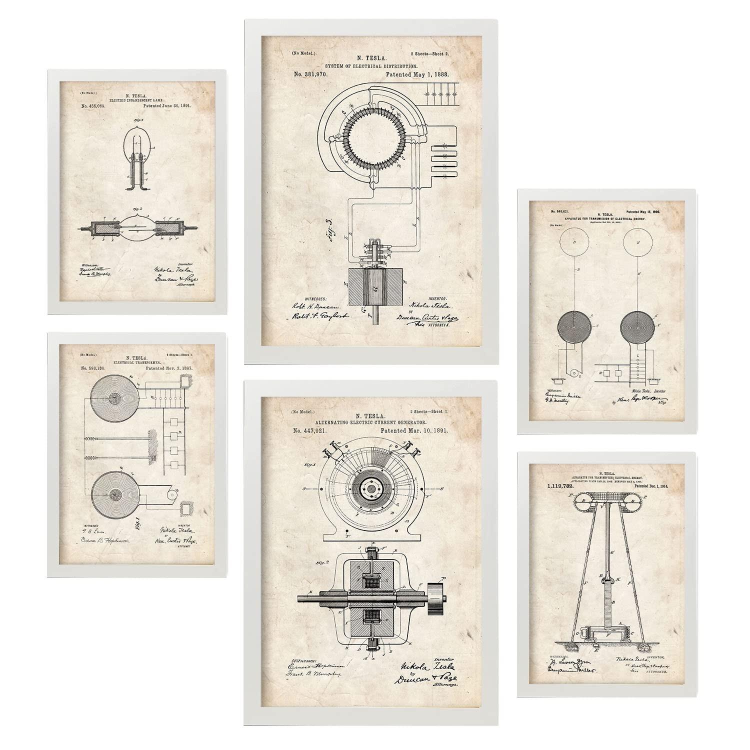 POSTER Set Mit 6 Plakaten Mit Strom 2 Patenten Im Vintage Stil A3 & A4 Weißer Rahmen - Weiß, Papier (29/3cm) - Nacnic