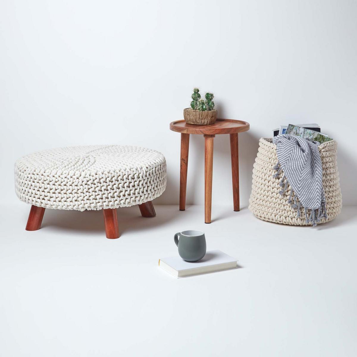 STRICK-HOCKER natur, rund 62/62/30 cm - Weiß, Textil (62/30/62cm) - Homescapes