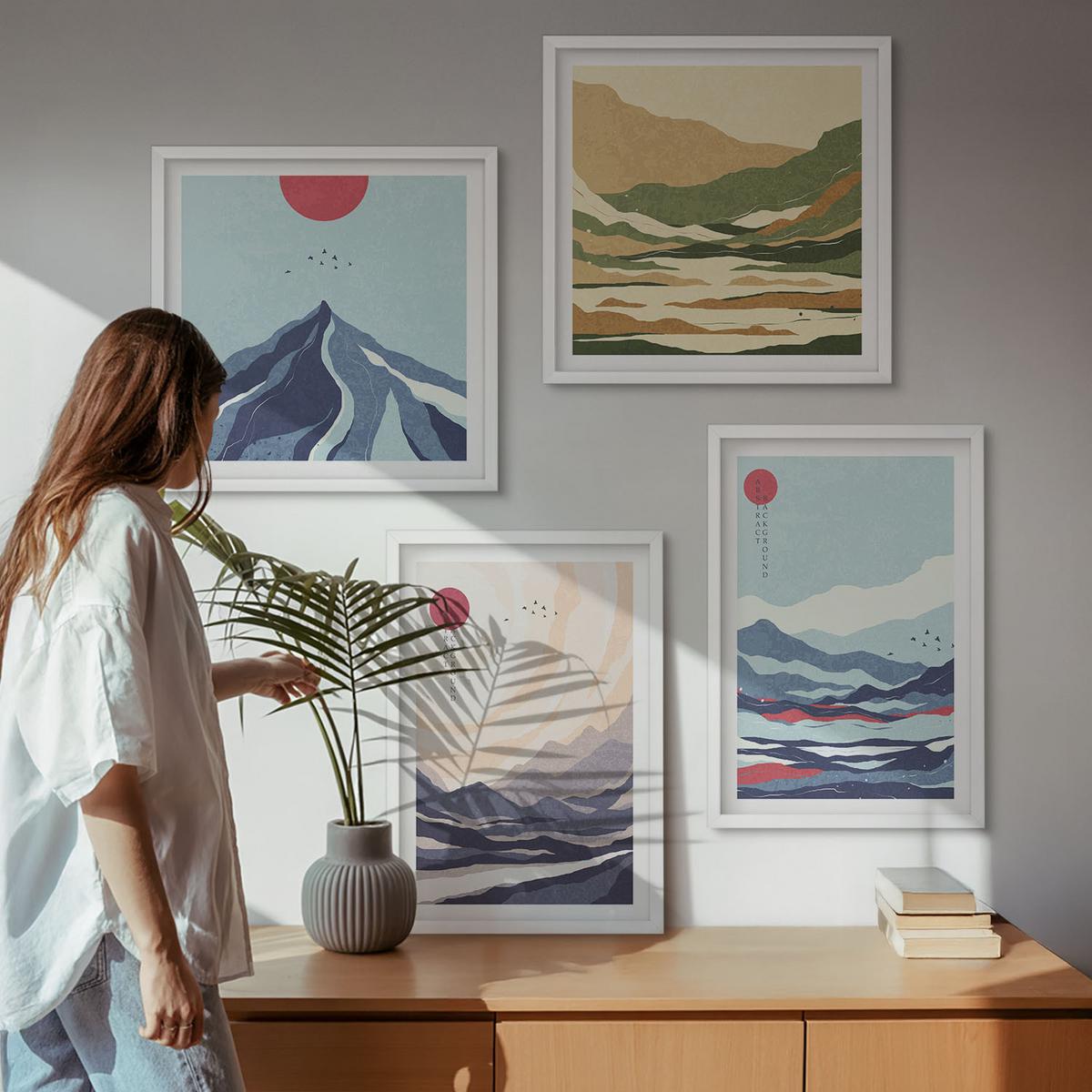 BILDER SET 4er Set - 50x50 cm & 40x60 cm Weißer Rahmen - Abstrakte Berglandschaften - Weiß, Kunststoff (50/50cm) - TULUP