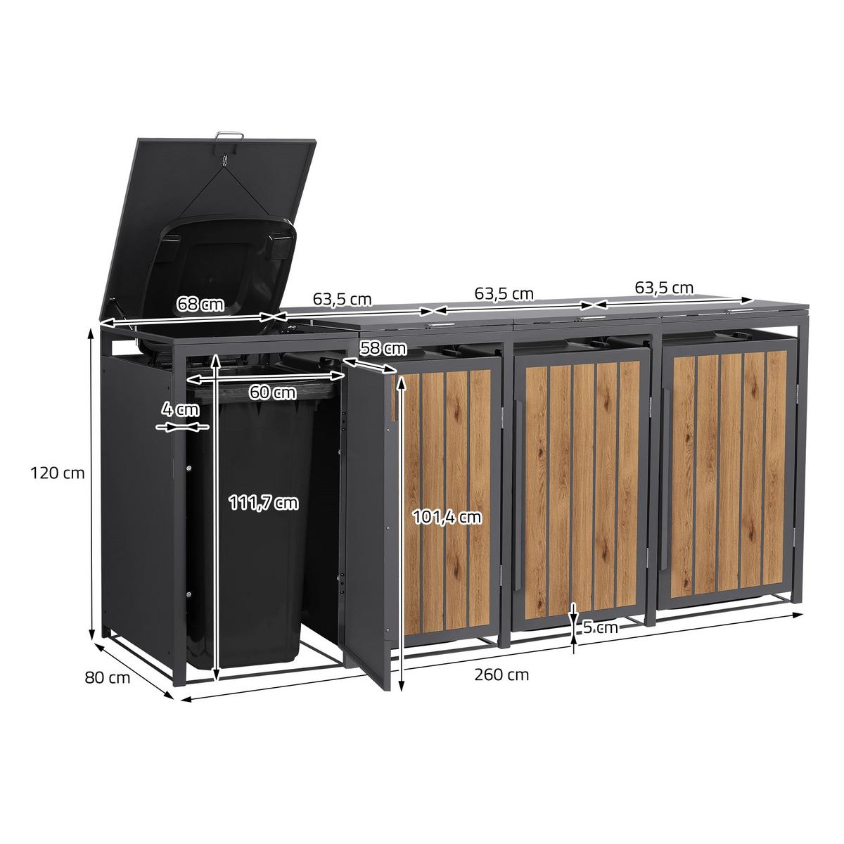 MÜLLTONNENBOX 4er 240L 260x80x120 cm Anthrazit-Eiche hell aus Stahl - Hellbraun, Metall (80/120/260cm) - ML-DESIGN