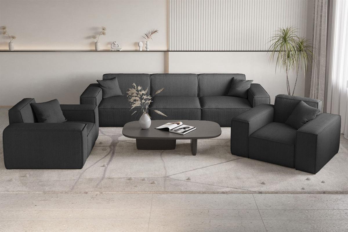 SOFASET Celes Premium 3-1-1 Stoff Scala - Anthrazit, Holzwerkstoff/Textil (225/73/88cm) - Fun Möbel