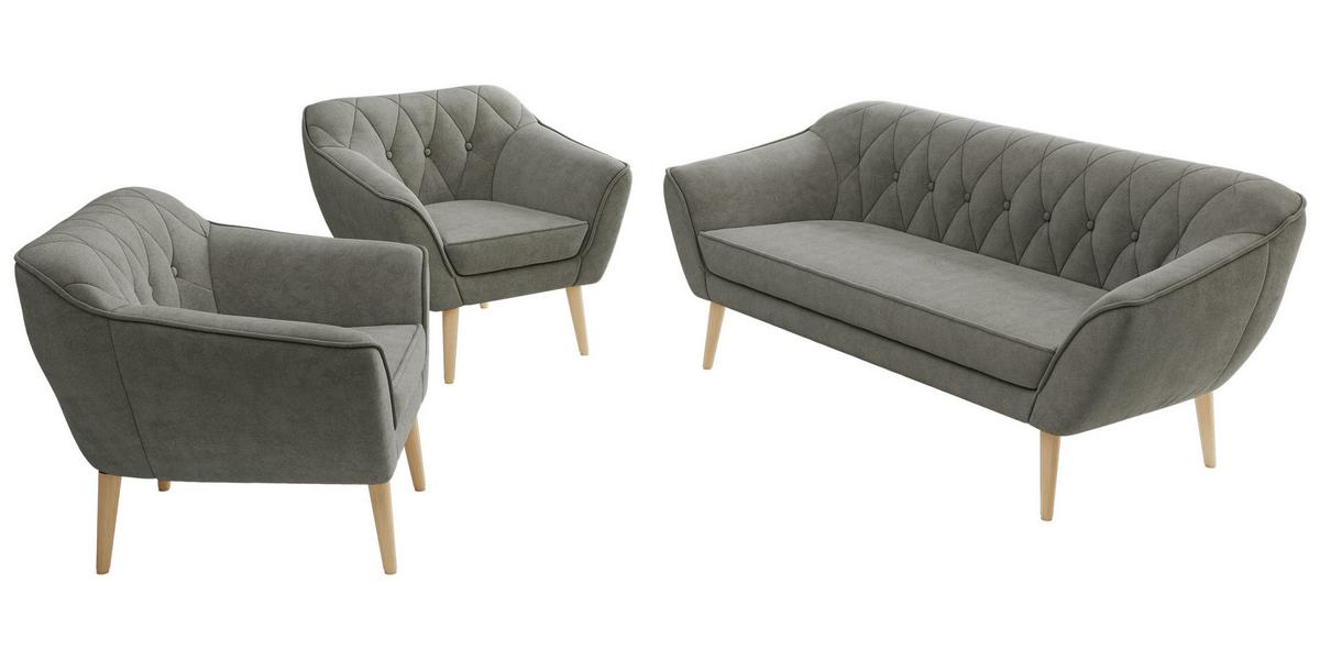 SITZGARNITUR PIRS 3+1+1 - Grau Strukture - Holzbeine - Platinfarben/Buchefarben, Holzwerkstoff/Textil (180/75/74cm) - MKS