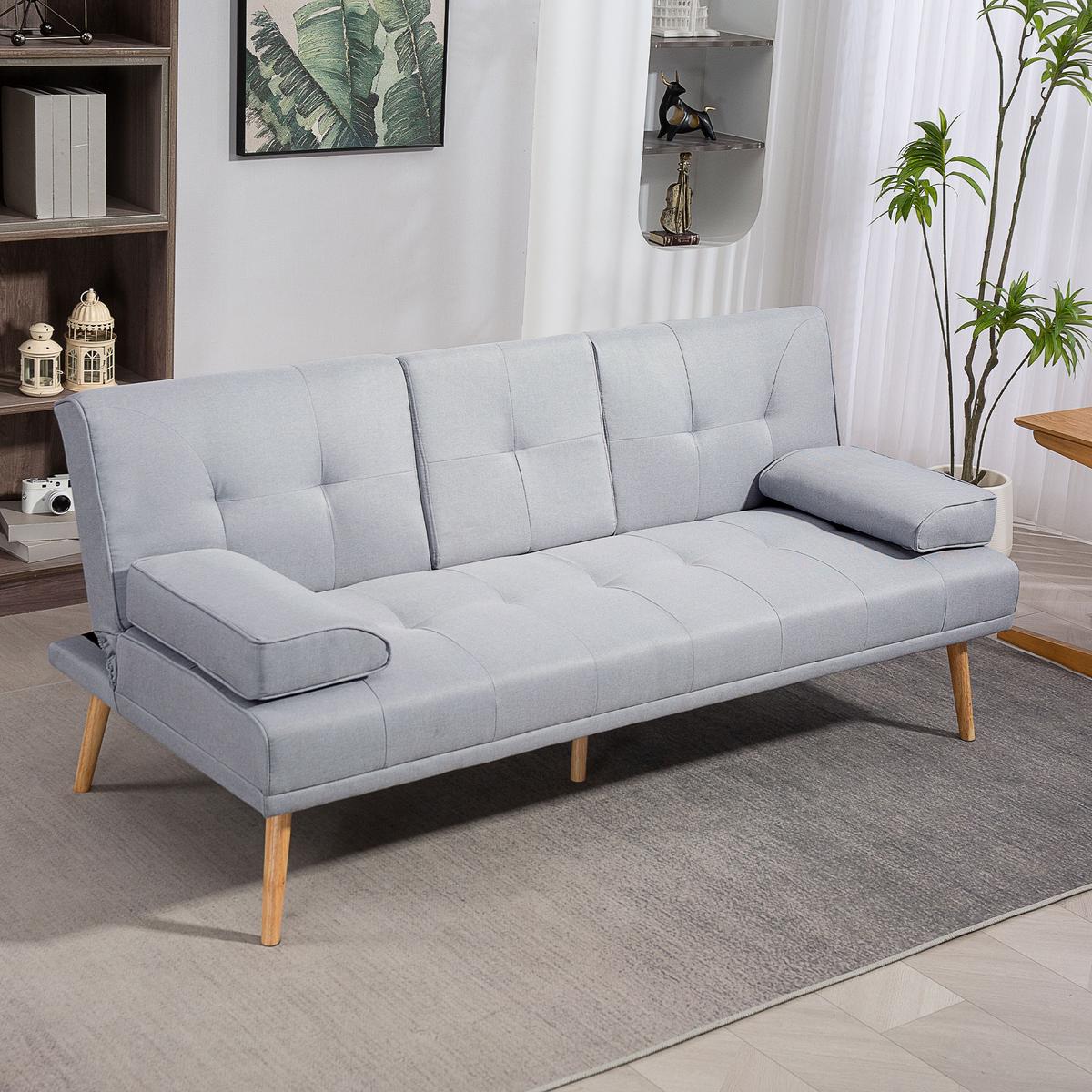 SCHLAFSOFA Sofabett Schlafcouch 3 Sitzer Leinen Hellgrau - Hellgrau/Naturfarben, Holz/Textil (77/78/181cm) - HOMCOM