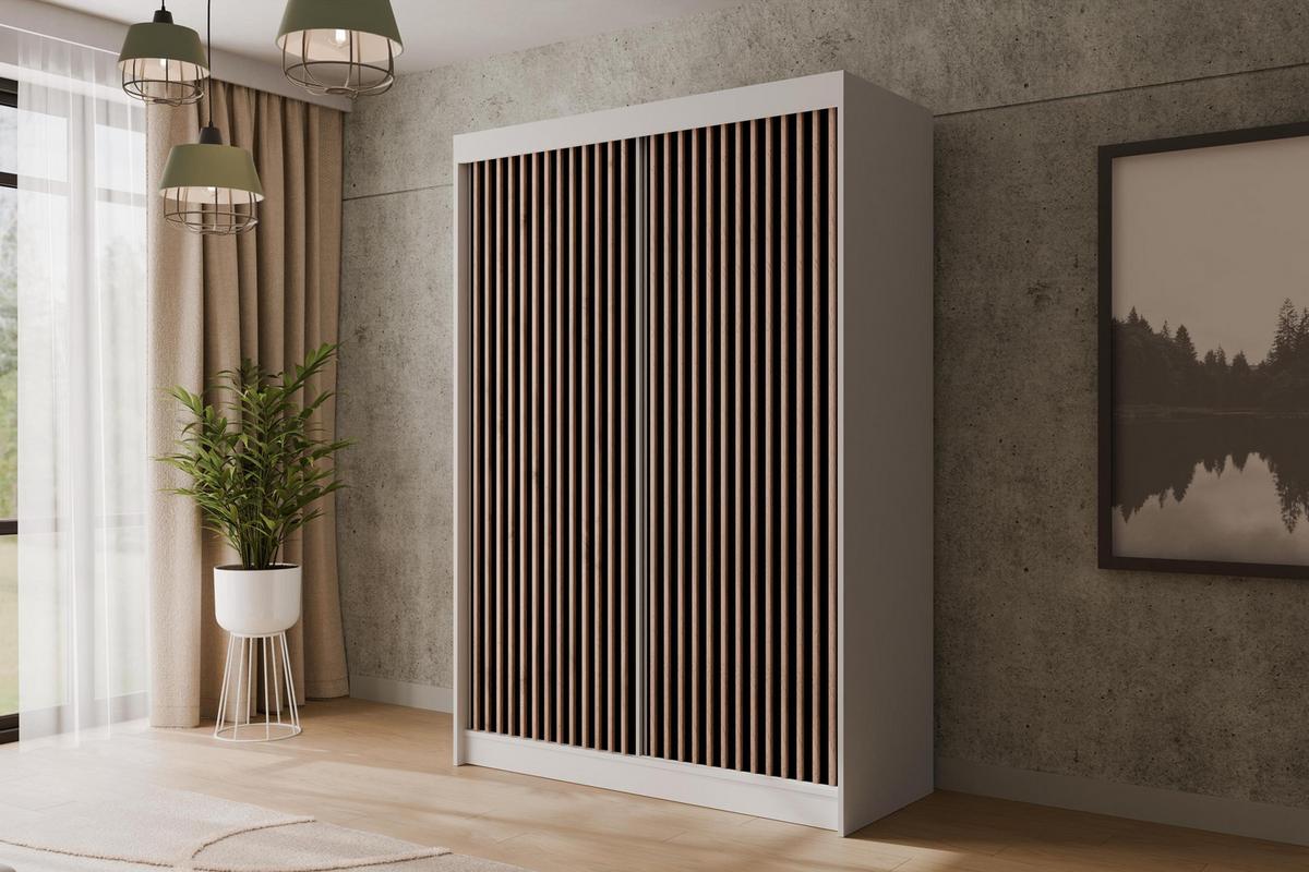 KLEIDERSCHRANK mit Lamel-Schiebetüren VILANv2 - 120 cm Weiß + Lamelle Eiche Wotan - Eiche Wotan/Weiß, Holzwerkstoff (120/215/61cm) - ALTDECOR