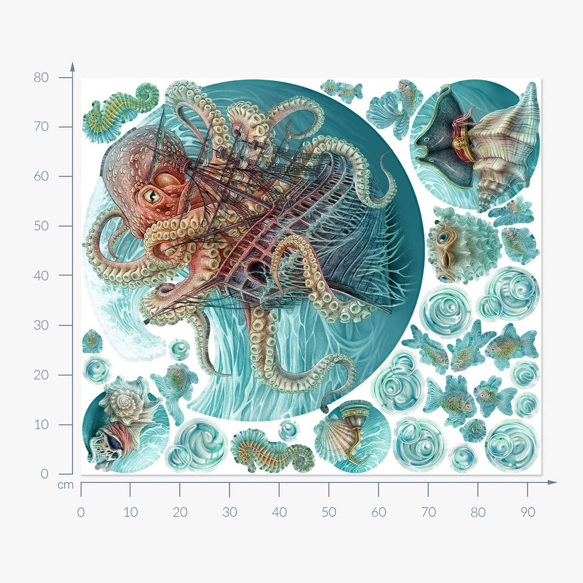 WANDAUFKLEBER 80x93cm - Die Welt des Oktopus - Multicolor, Kunststoff (80/93/0.1cm) - Wallfluent