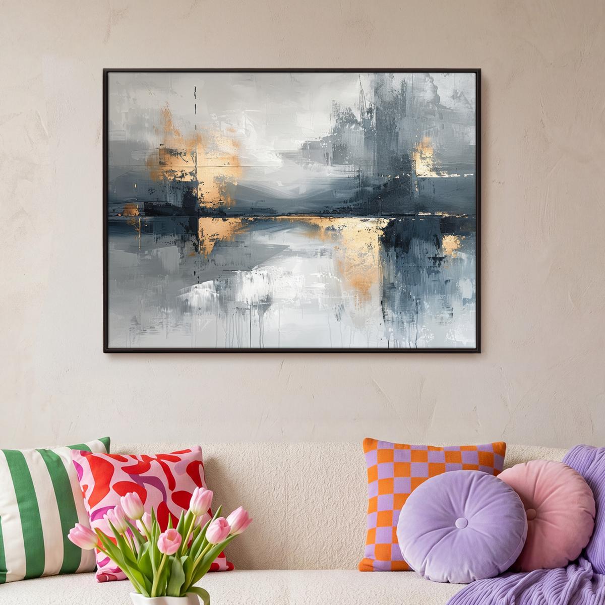 LEINWAND Bilder mit Rahmen - Kunst - Grau - Gold - Abstrakt - 100x70 - Dunkelgrau, Textil (100/70cm) - MuchoWow
