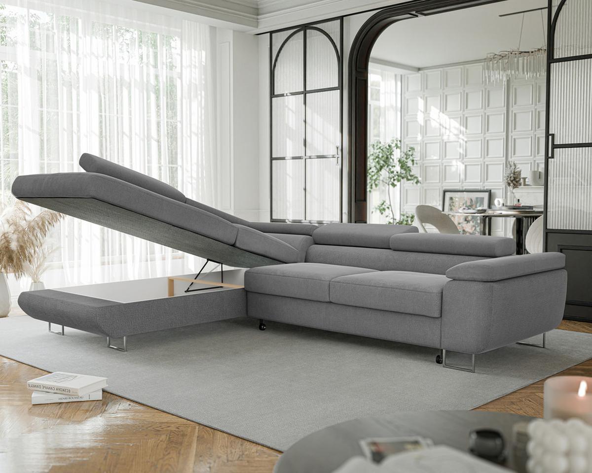 ECKSOFA ANTON links, mit Schlaffunktion und Bettkasten Dunkelgrau - Chromfarben/Dunkelgrau, Textil/Metall (274/203cm) - Idohome