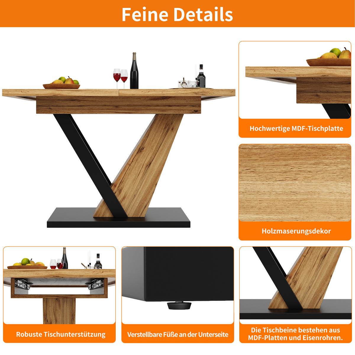 ESSTISCH ausziehbarer holzoptik & V-gestell 120 bis 160 cm für 4-6 personen - Naturfarben, Holzwerkstoff (75/120/75.5cm) - Urban Meuble