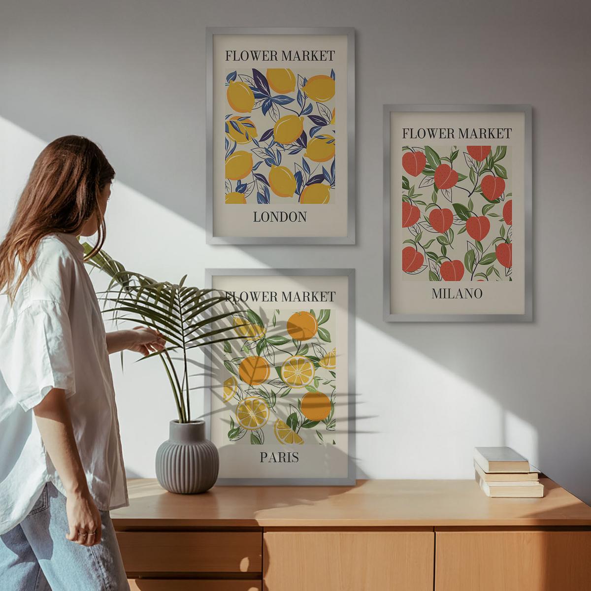 BILDER SET 3er Set - 40x60 cm Silberner Rahmen - Blumenplakate in Städten - Silberfarben, Kunststoff (40/60cm) - TULUP
