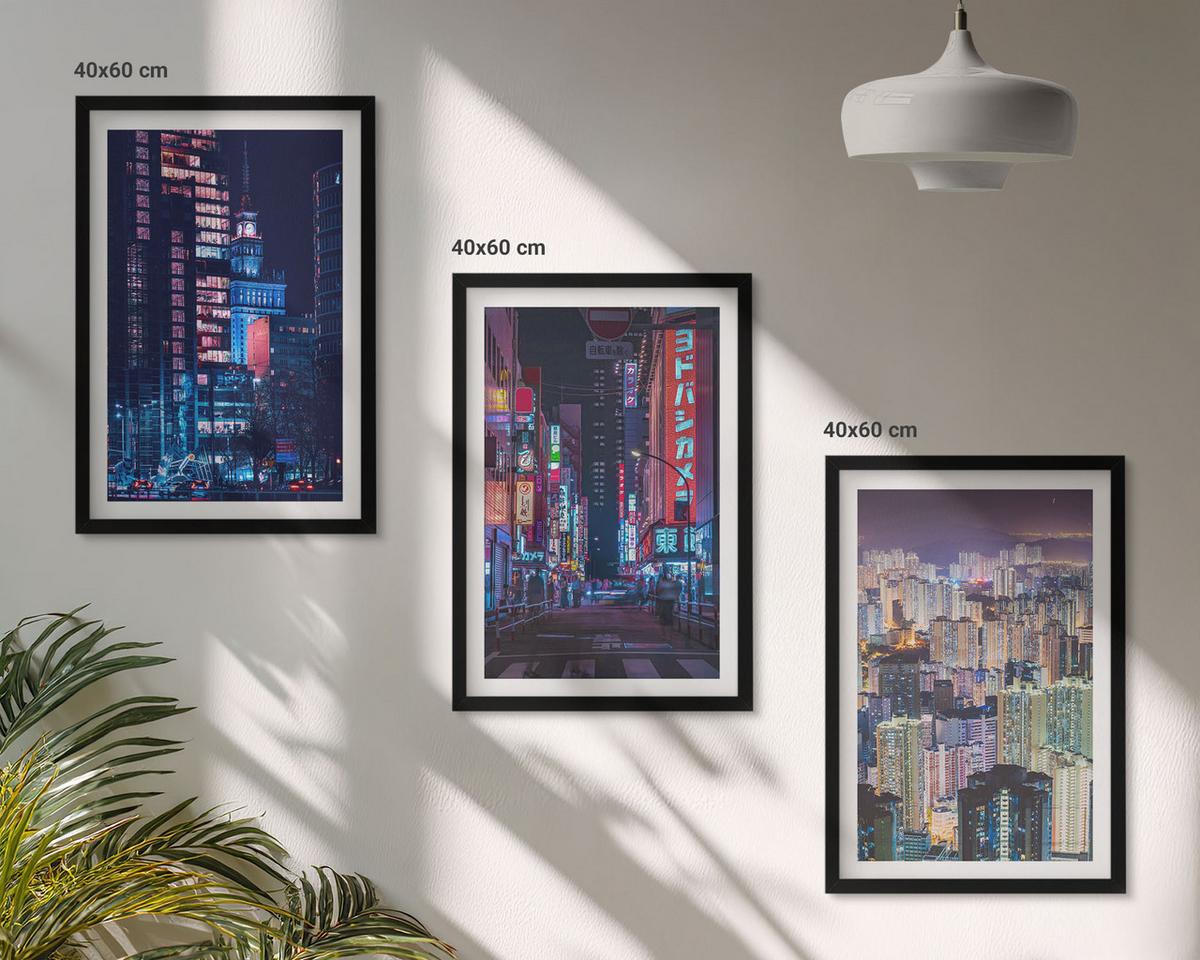 BILDER SET 3er Set - 40x60 cm Schwarzer Rahmen - Neonlichter der nächtlichen Stadt - Schwarz, Kunststoff (40/60cm) - TULUP