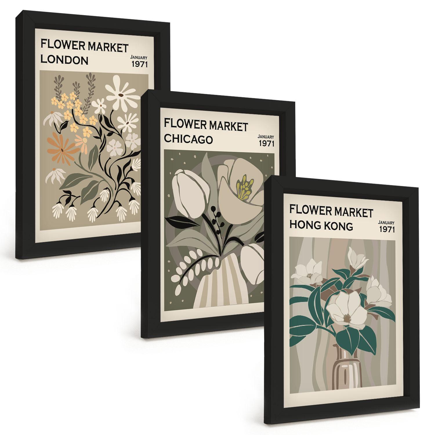 BILDER SET 3er Set - 20x30 cm Schwarzer Rahmen - Blumenmessen London Chicago Hongkong - Schwarz, Kunststoff (20/30cm) - TULUP