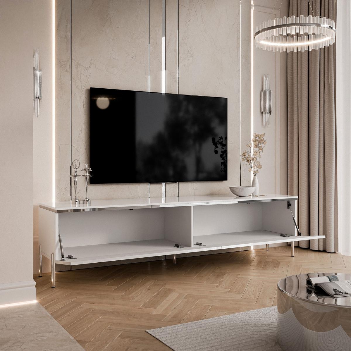 TV-SCHRANK AURORA SILVER 180 cm mit LED-Beleuchtung – gerade Chrombeine - Weiß Hochglanz, Holzwerkstoff (180/49.5/40cm) - Lookway