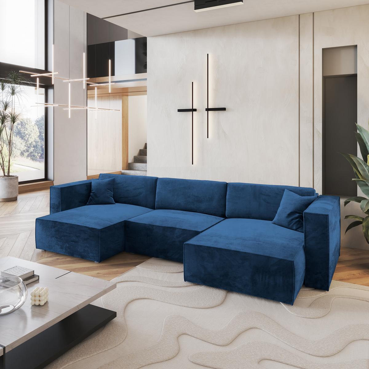 WOHNLANDSCHAFT SARMO M Blau Velours-Stoff mit Schlaffunktion - Blau/Grau, Holz/Kunststoff (347/70/148cm) - MASSENO