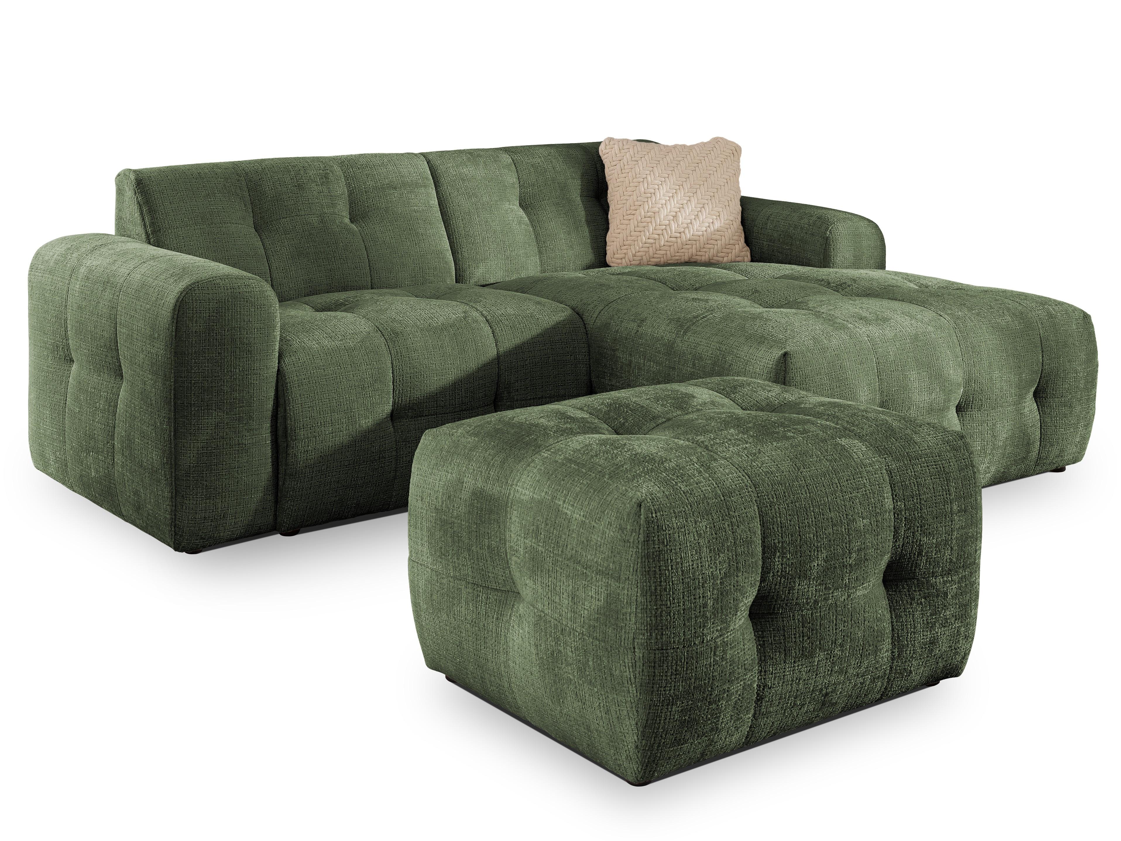 ECKSOFA inkl. Hocker Kozy im Bumpy-Design mit Schlaffunktion und fester Rückenlehne aus weichem Grün Chenille-Stoff - Ottomane rechts - Schwarz/Grün, Holz/Kunststoff (234/161cm) - S-Style Möbel