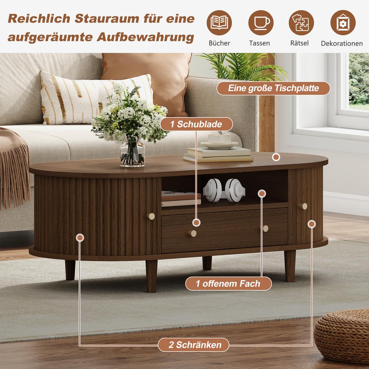 COUCHTISCH Ovales Design mit Rolltür & Schublade - Walnussfarben, Holzwerkstoff (50/100/36cm) - Urban Meuble