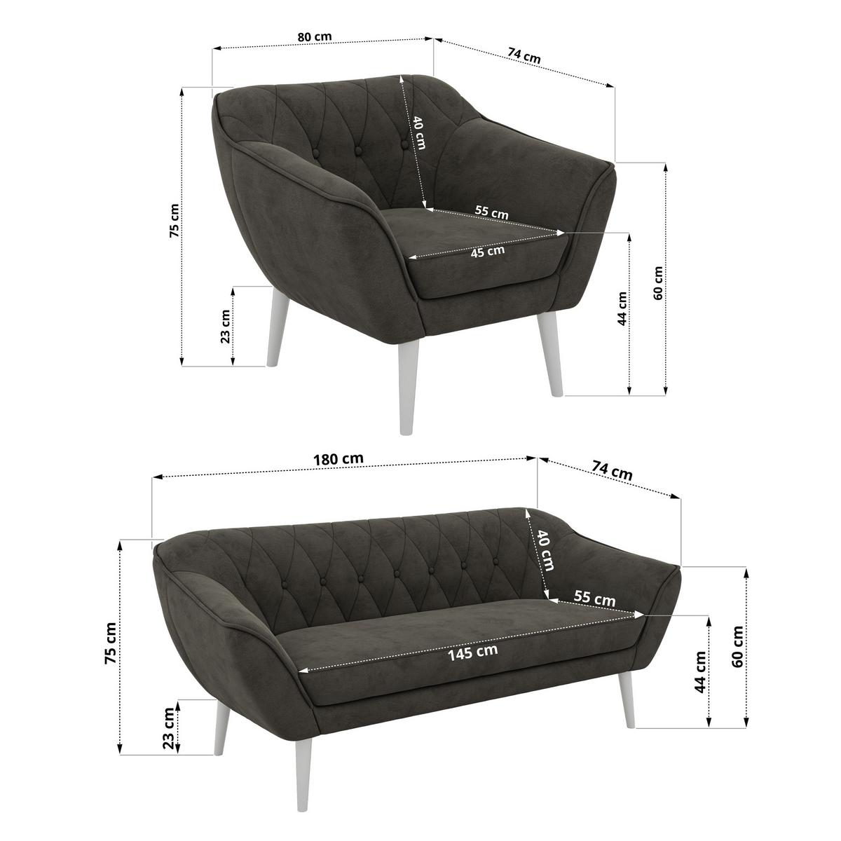 SITZGARNITUR PIRS 3+3+1 - Dunkelgrau Velvet - Weiße Beine - Dunkelgrau/Weiß, Holzwerkstoff/Textil (180/75/74cm) - MKS