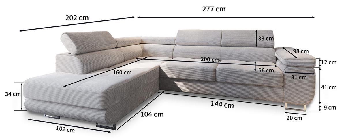 ECKSOFA APIRO R-S Creme Kordstoff mit Schlaffunktion - Silberfarben/Creme, Holz/Textil (276/202cm) - MASSENO