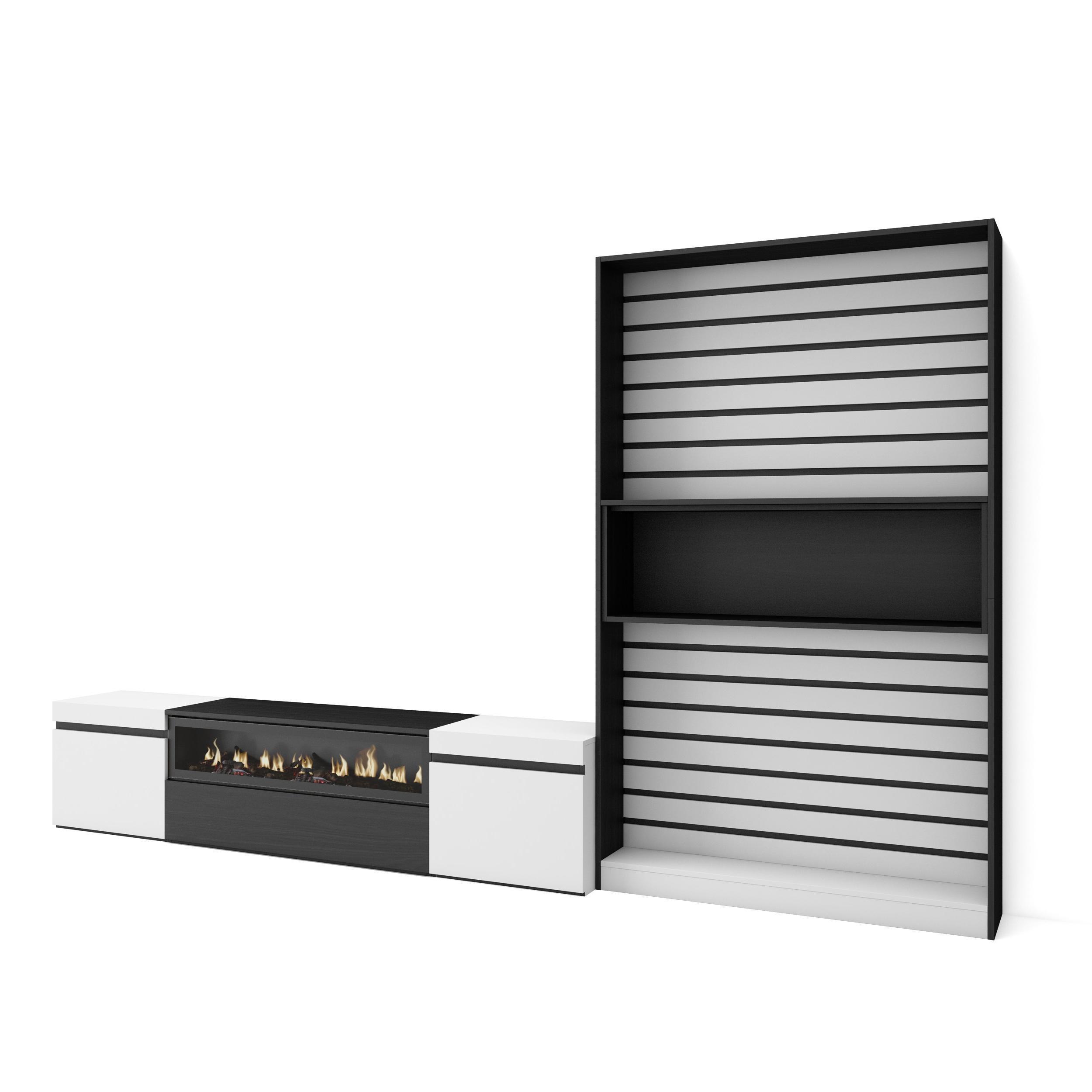 WOHNWAND Wohnzimmer, weiß und schwarz, Elektrokamin,, 310/35/186cm - Schwarz/Weiß, Holzwerkstoff (310/186/35cm) - Skraut Home
