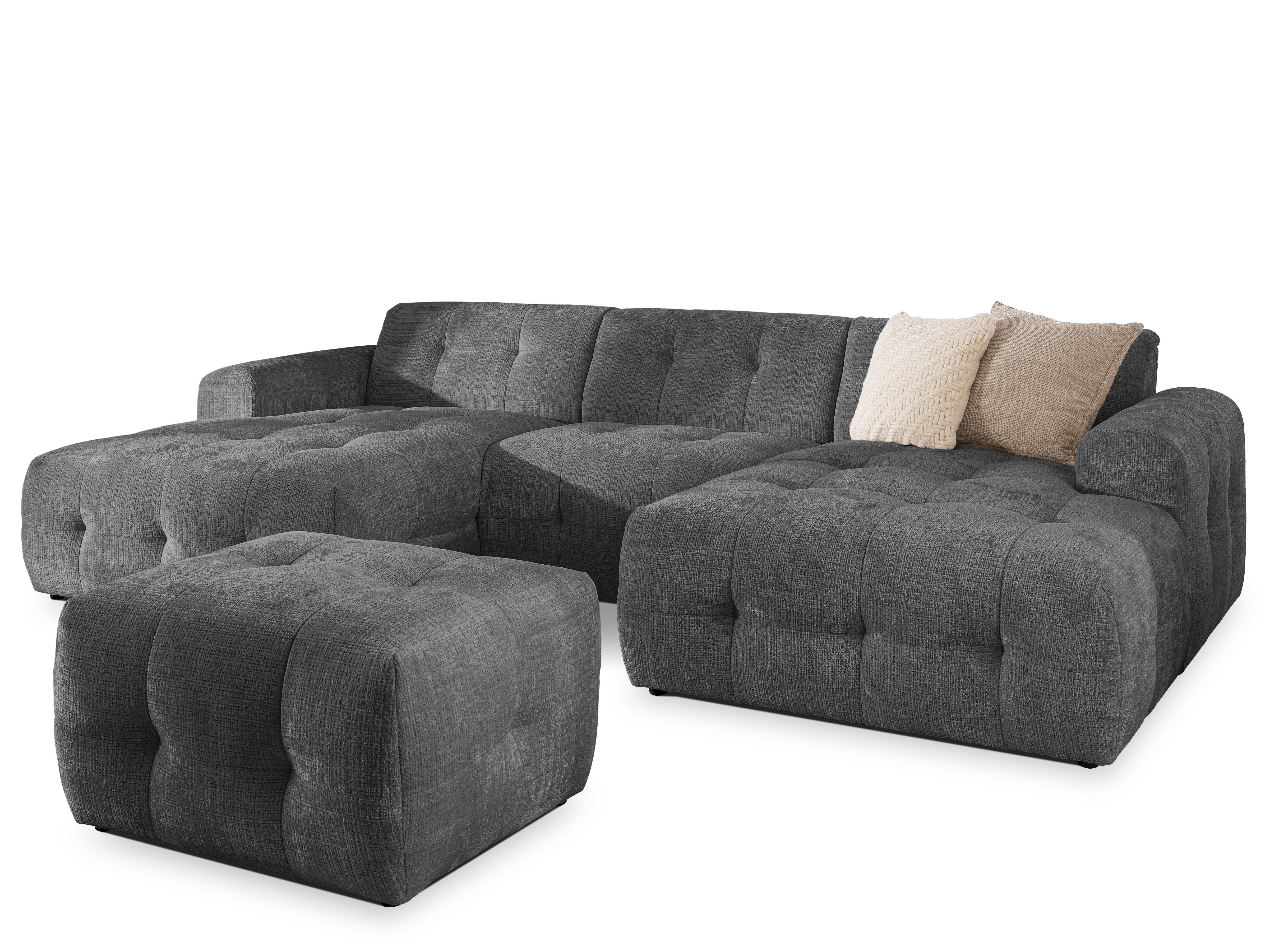 WOHNLANDSCHAFT inkl. Hocker Kozy im Bumpy-Design mit Schlaffunktion und fester Rückenlehne aus weichem Grau Chenille-Stoff - Schwarz/Grau, Holz/Kunststoff (323/79/161cm) - S-Style