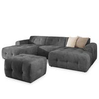 WOHNLANDSCHAFT inkl. Hocker Kozy im Bumpy-Design mit Schlaffunktion und fester Rückenlehne aus weichem Grau Chenille-Stoff - Schwarz/Grau, Holz/Kunststoff (323/79/161cm) - S-Style