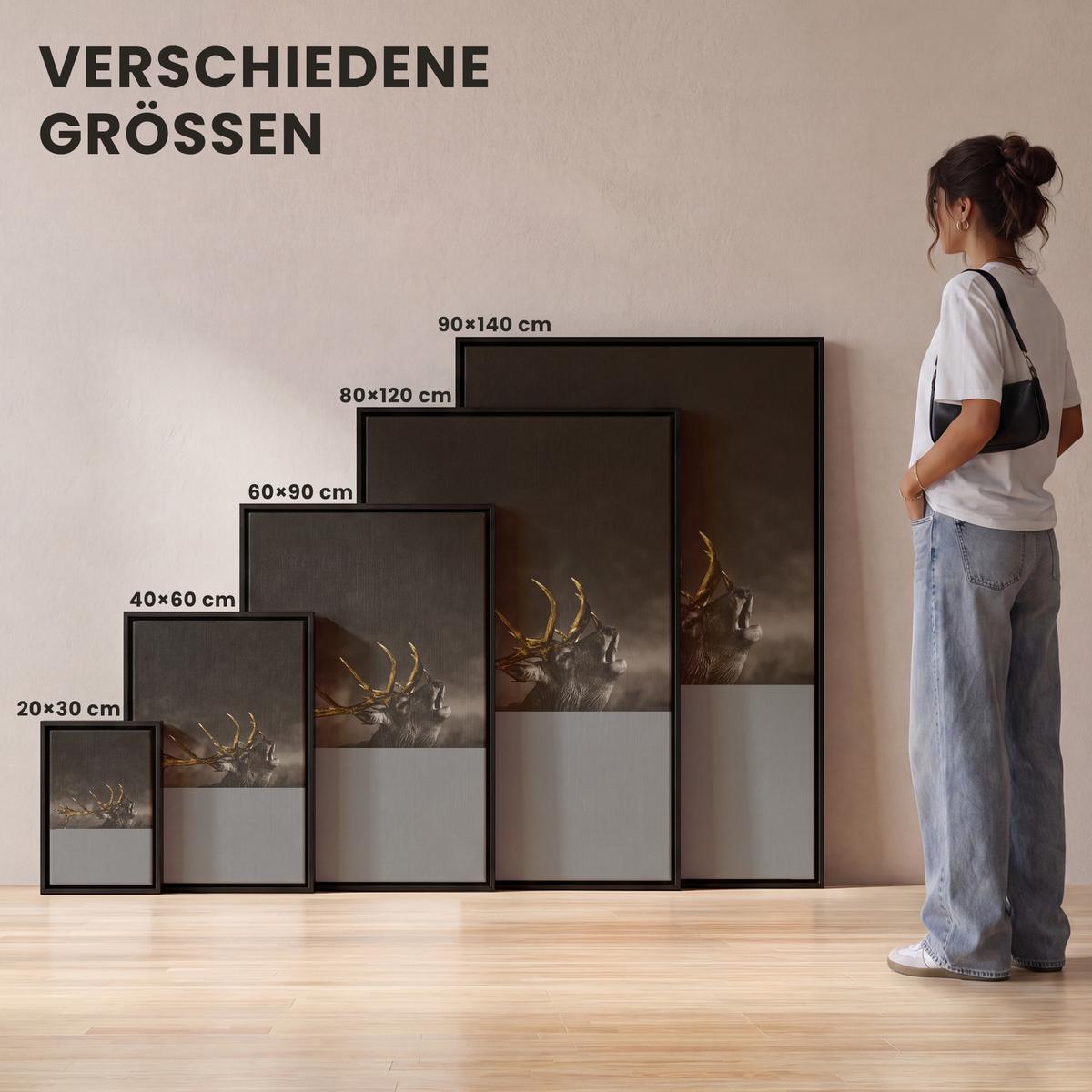 LEINWAND Bilder mit Rahmen - Rotwild - Schwarz - Gold - 60x90 - Braun, Textil (60/90cm) - MuchoWow