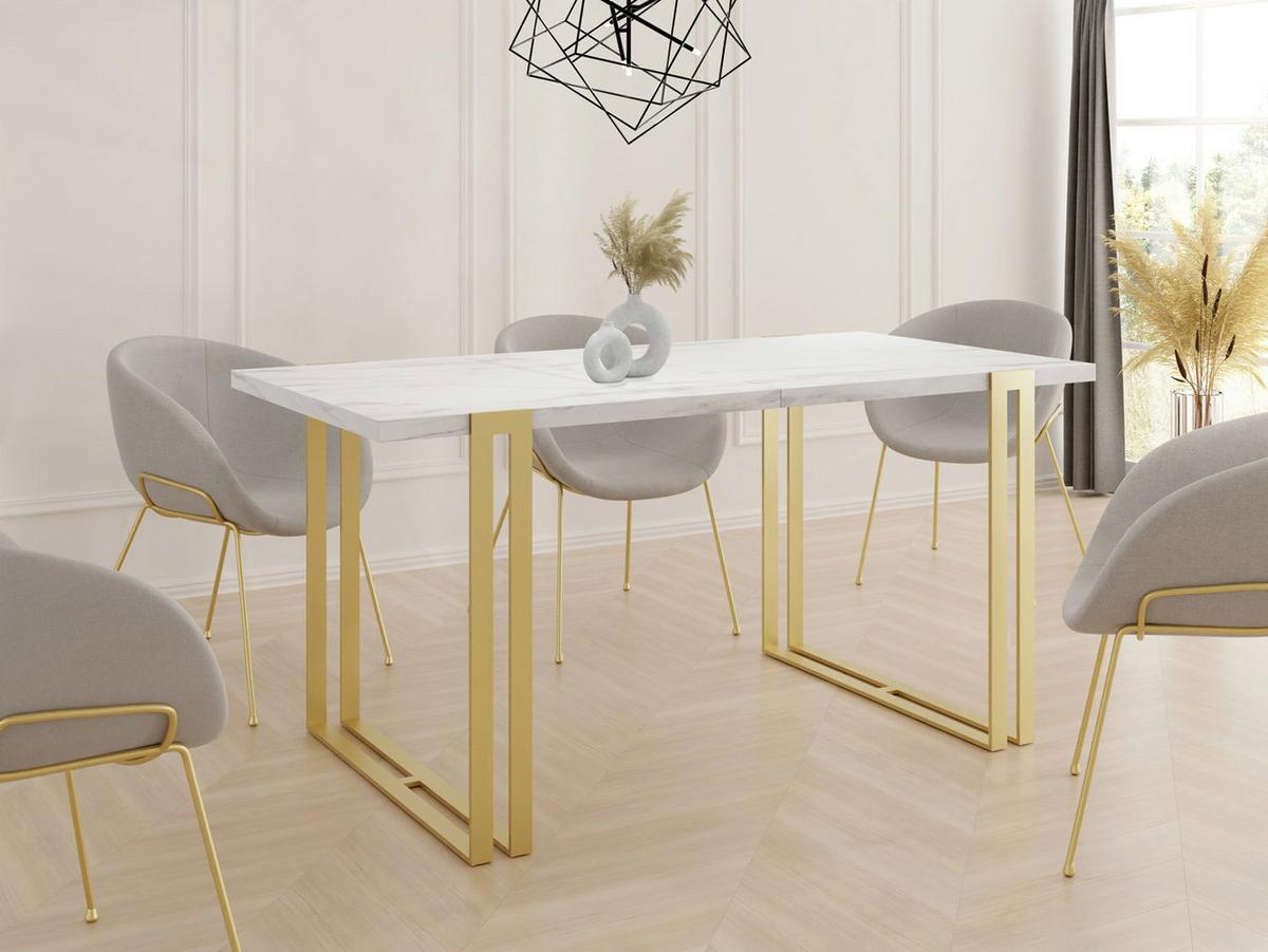 ESSTISCH Stella rechteckig ausziehbar, Marmor Weiß 140-260/80/76 cm - Ecru/Goldfarben, Holzwerkstoff/Metall (80/240/76cm) - WFL GROUP