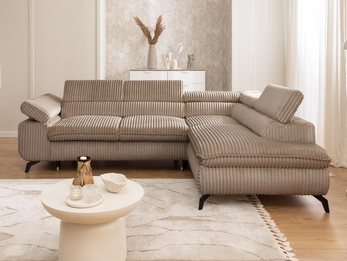 ECKSOFA mit Schlaffunktion und Bettkasten Bonnie aus Beige Cord-Stoff mit verstellbaren Kopfstützen und Armlehne - Ottomane rechts - Beige/Schwarz, Holz/Textil (275/210cm) - S-Style Möbel
